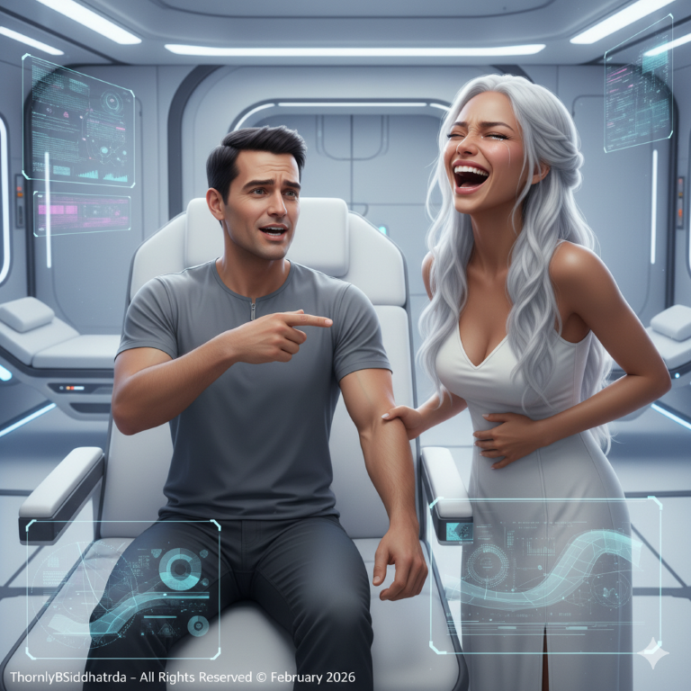 Illustration: A man in a medbed chair points to his forearm while a silver-haired woman laughs — Gemini AI generated